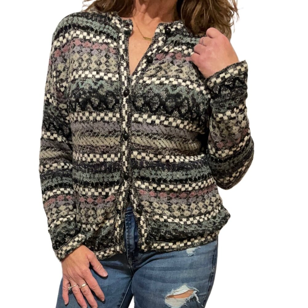 Cody Grannycore Vintage Grey Patterned Knit Button Up Cardigan Small